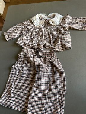 Zara Girls Plaid Matching Set with Lace Collar - Brown, Black, White